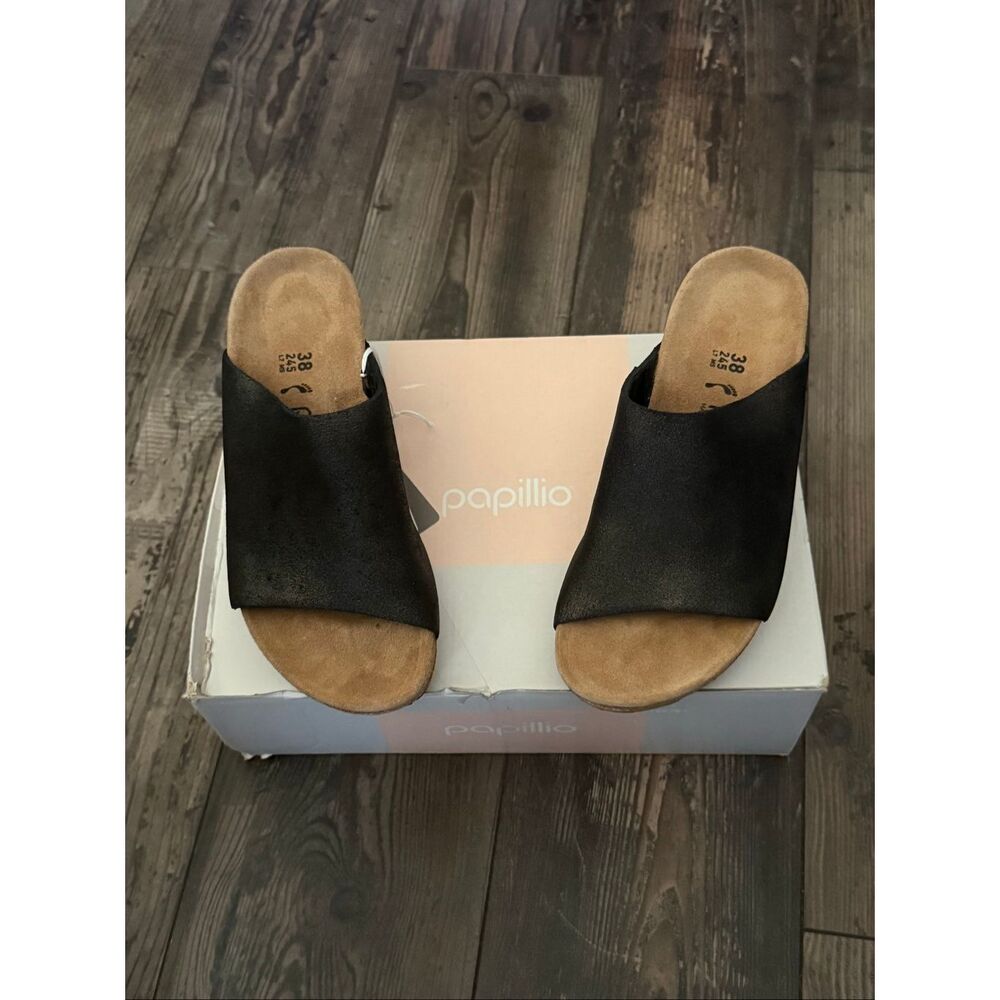 Papillio by Birkenstock Namika Black Leather Cork Wedge Slide Sandals Size 7 (38 - Picture 2 of 7